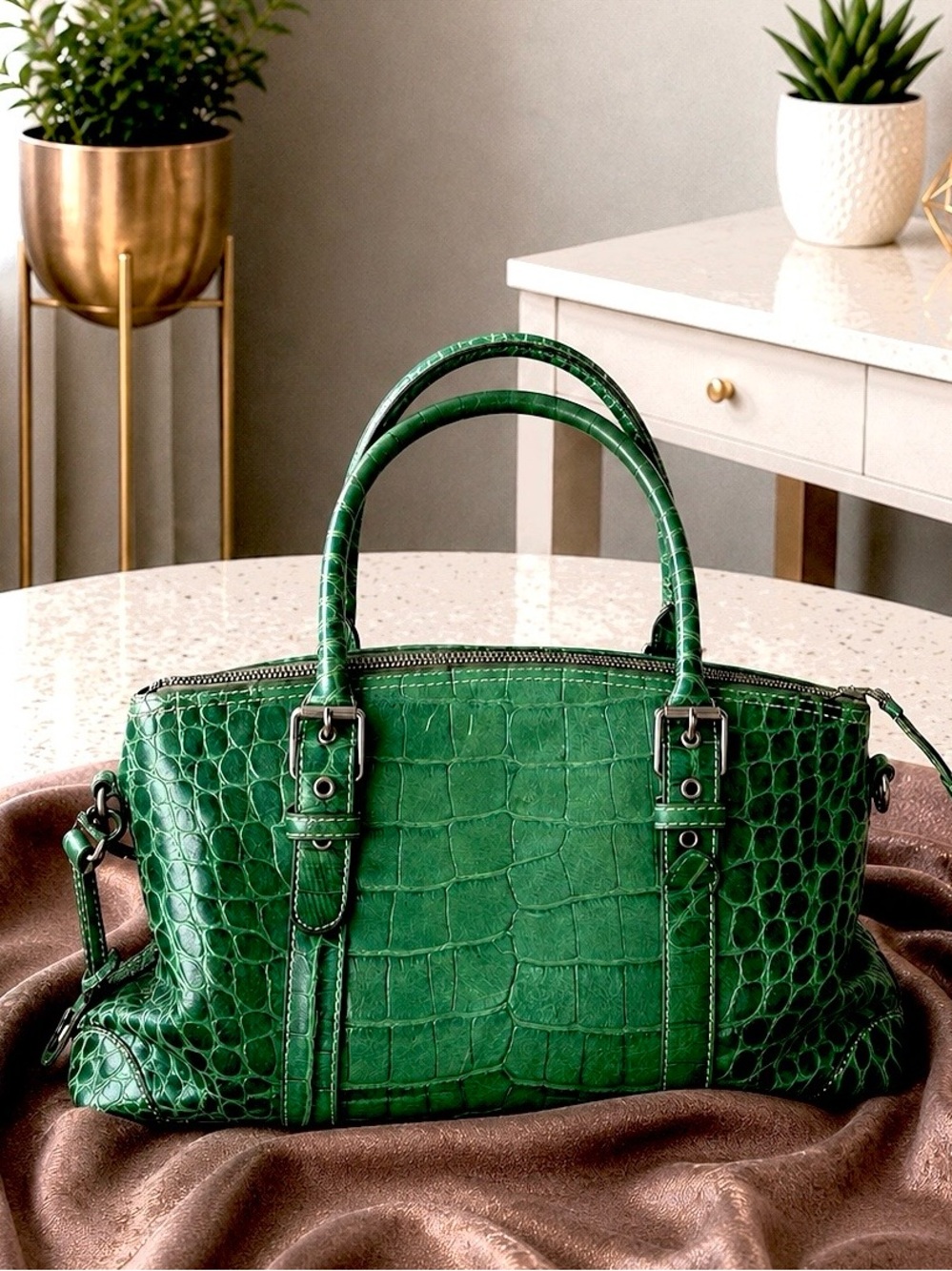 Dooney & Bourke Embossed Croc Leather Satchel Green Shoulder
